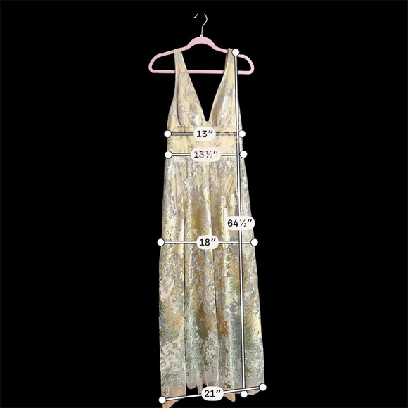 Metallic Floral Lace V-Neck Formal Gown Open Back A-Line Prom Dress Champagne - Picture 10 of 11